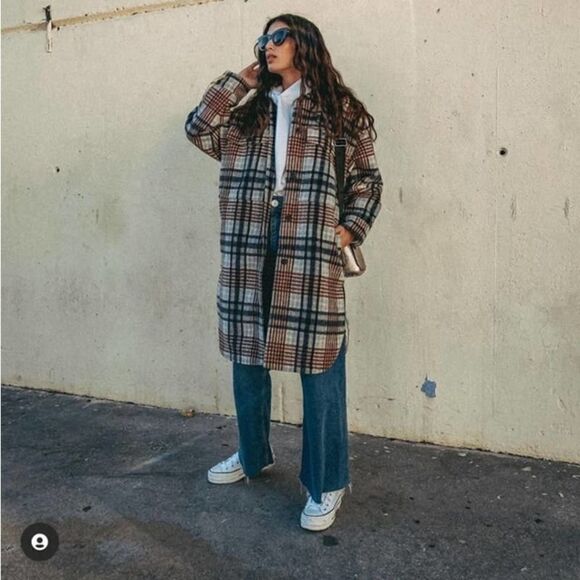 ZARA Long Plaid Jacket Overshirt Coat Bloggers - Picture 3 of 13